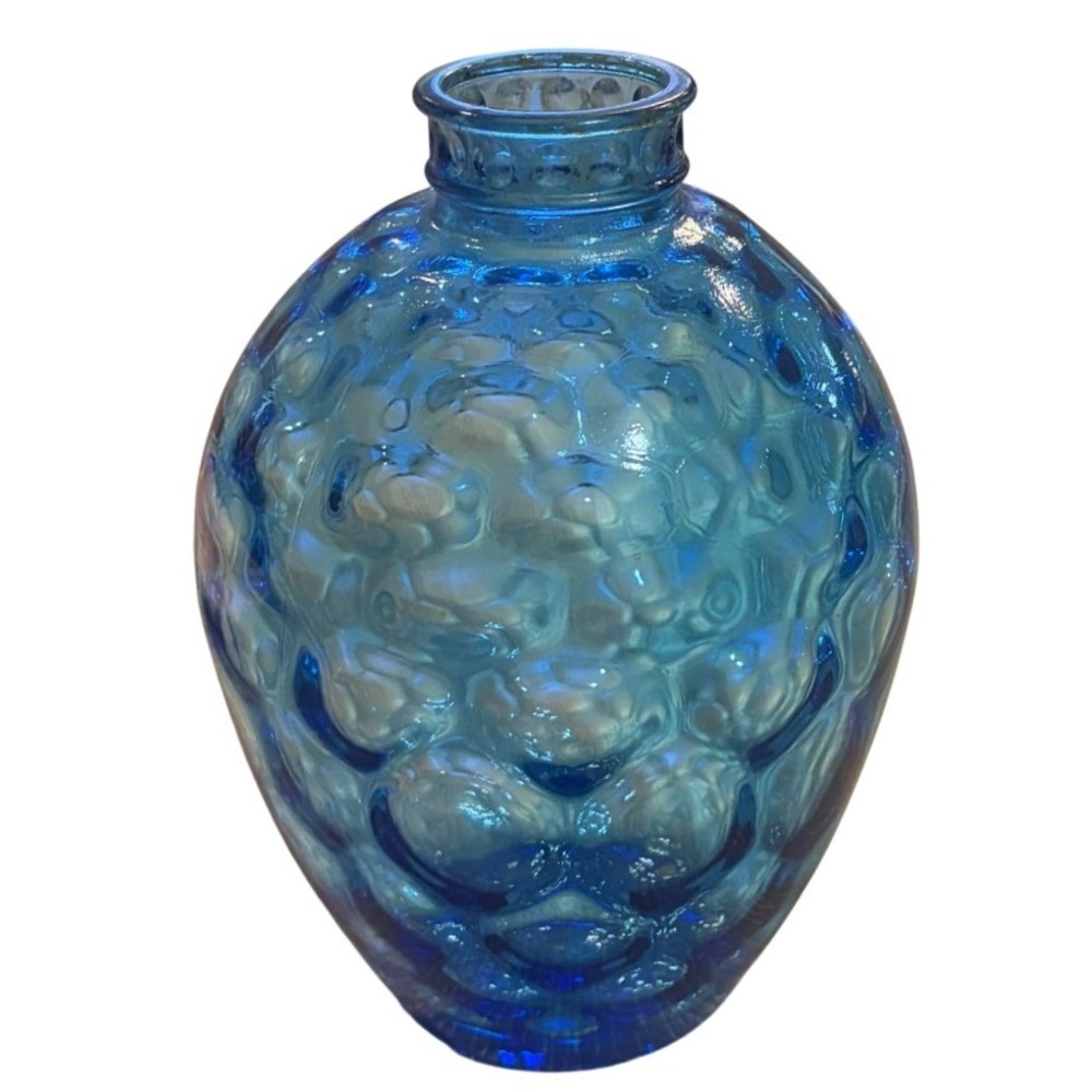 Vintage Blue Art Glass Vase 8.5" Bubble Textured Round Bud Vase MCM Decor